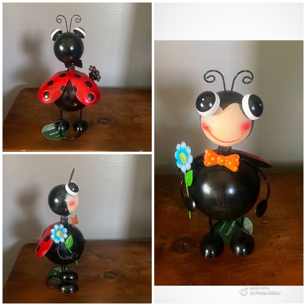 NWT- Adorable Hand Painted Metal- Black Ladybug 🐞 Bobblehead Figurine w/ Flower